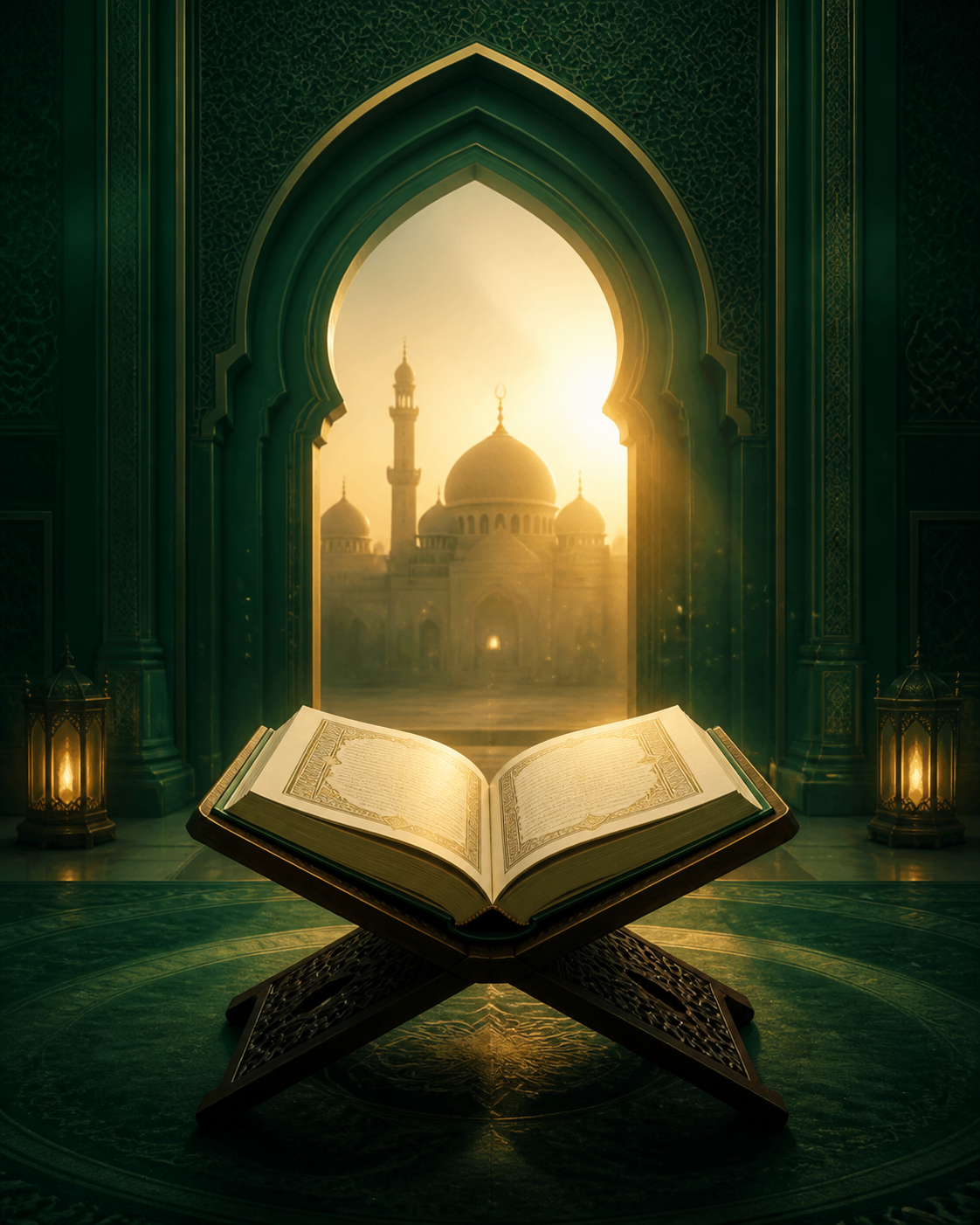 An open Quran on a wooden stand in a peaceful emerald mosque setting